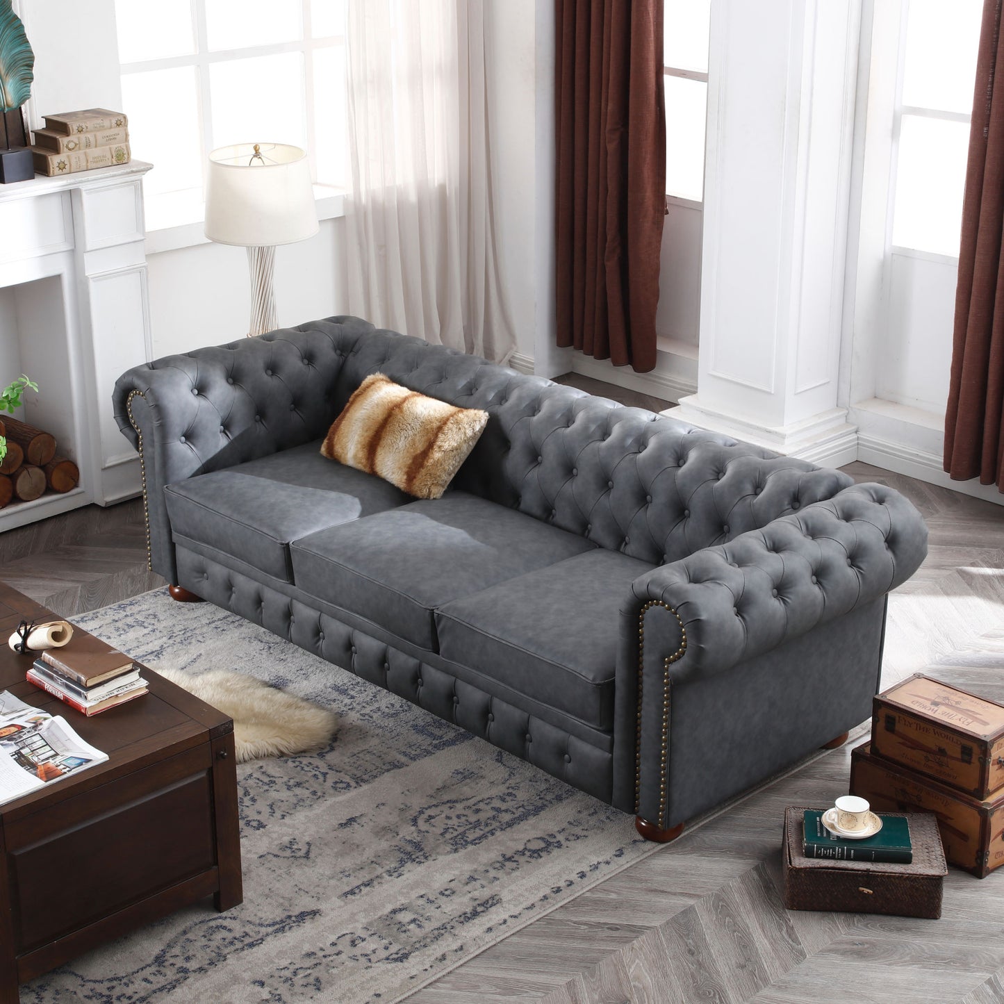 Classic Chesterfield Sofa Brown Faux Leather